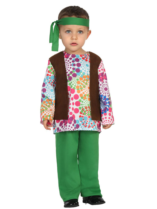 Déguisement hippie vert multicolore à pois bébé