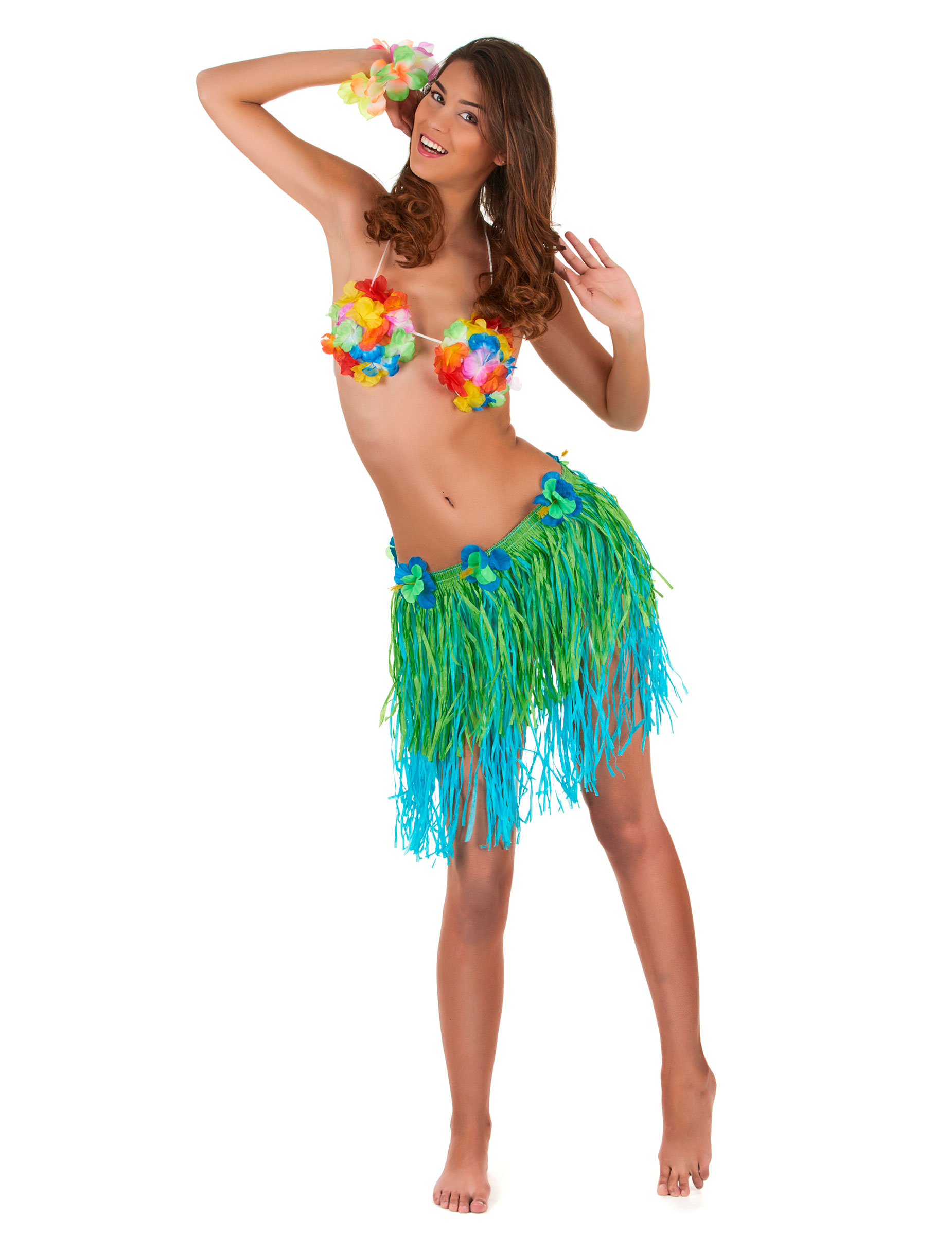 Jupe hawaïenne courte verte et bleue avec fleurs adulte