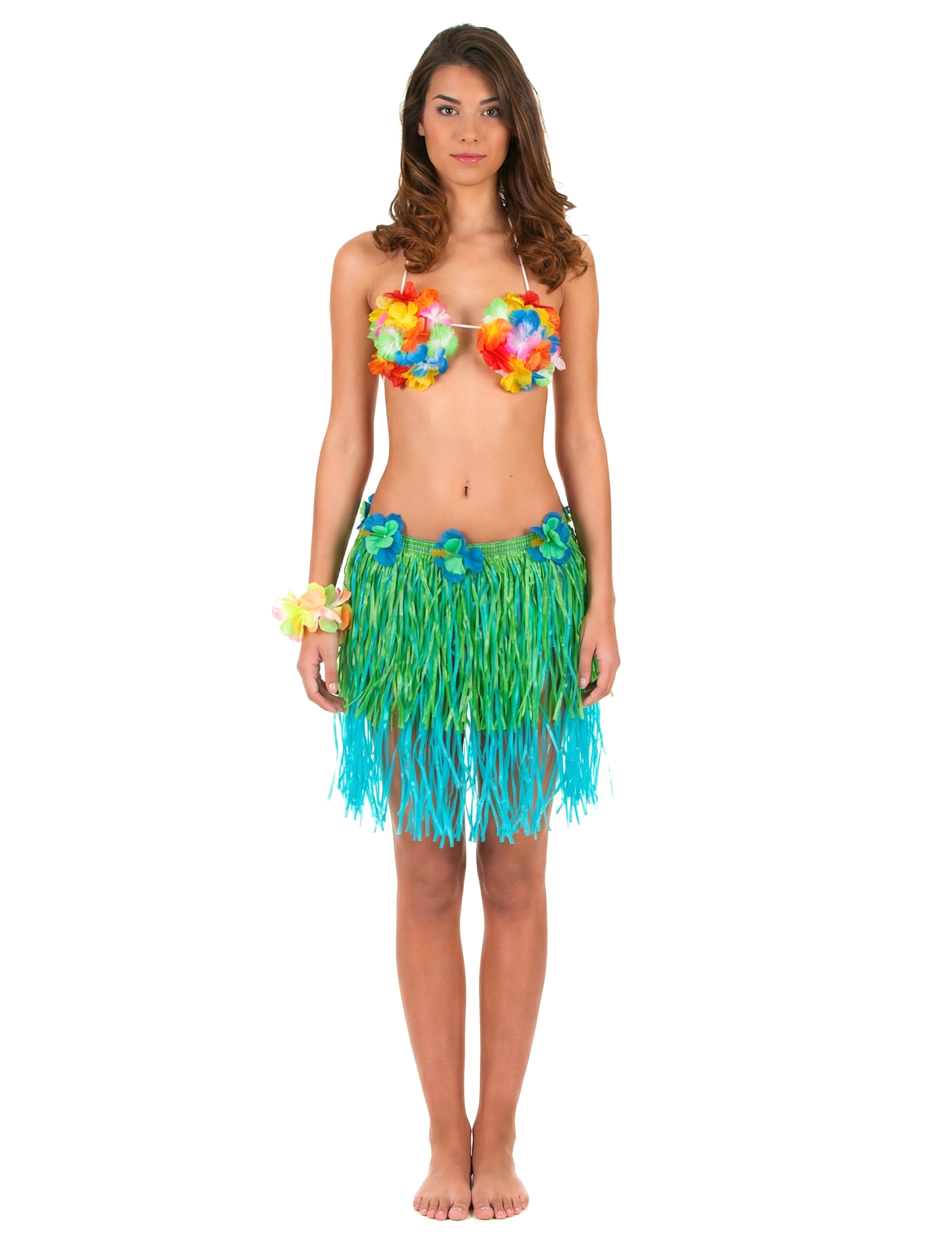 Jupe hawaïenne courte verte et bleue avec fleurs adulte