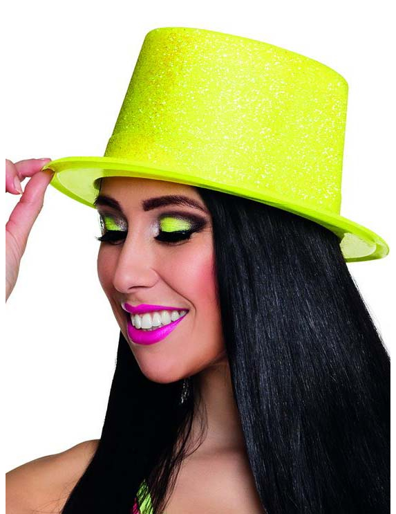 Chapeau haut de forme jaune fluo à paillettes adulte