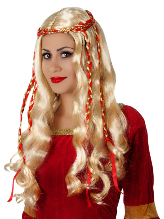 Perruque longue blonde avec rubans rouges femme