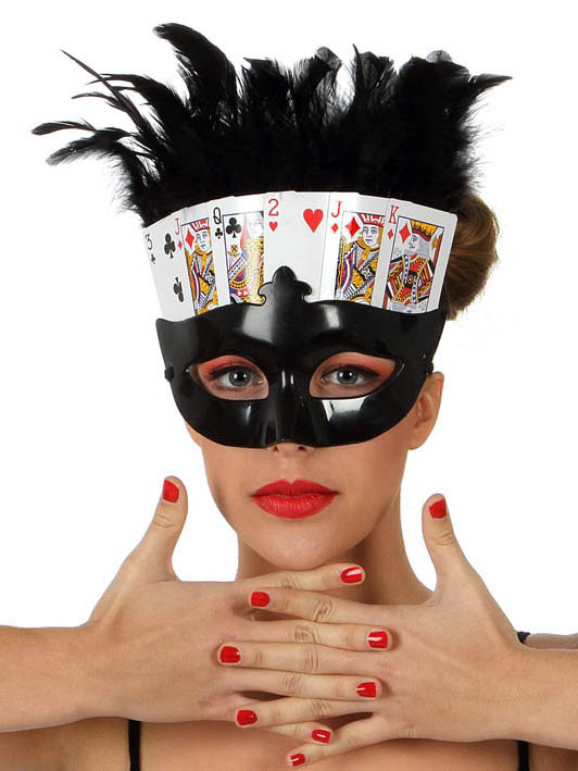 Loup noir cartes poker avec plumes femme