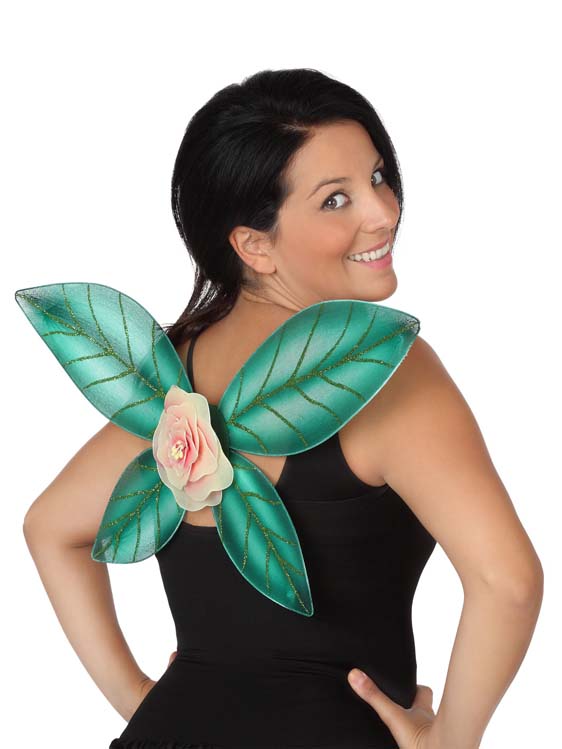 Ailes vertes à paillettes et fleur fée femme