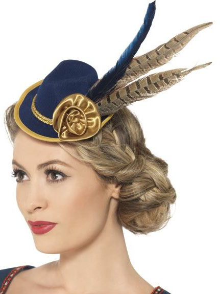 Mini chapeau bleu et or avec plumes femme Fête de la bière