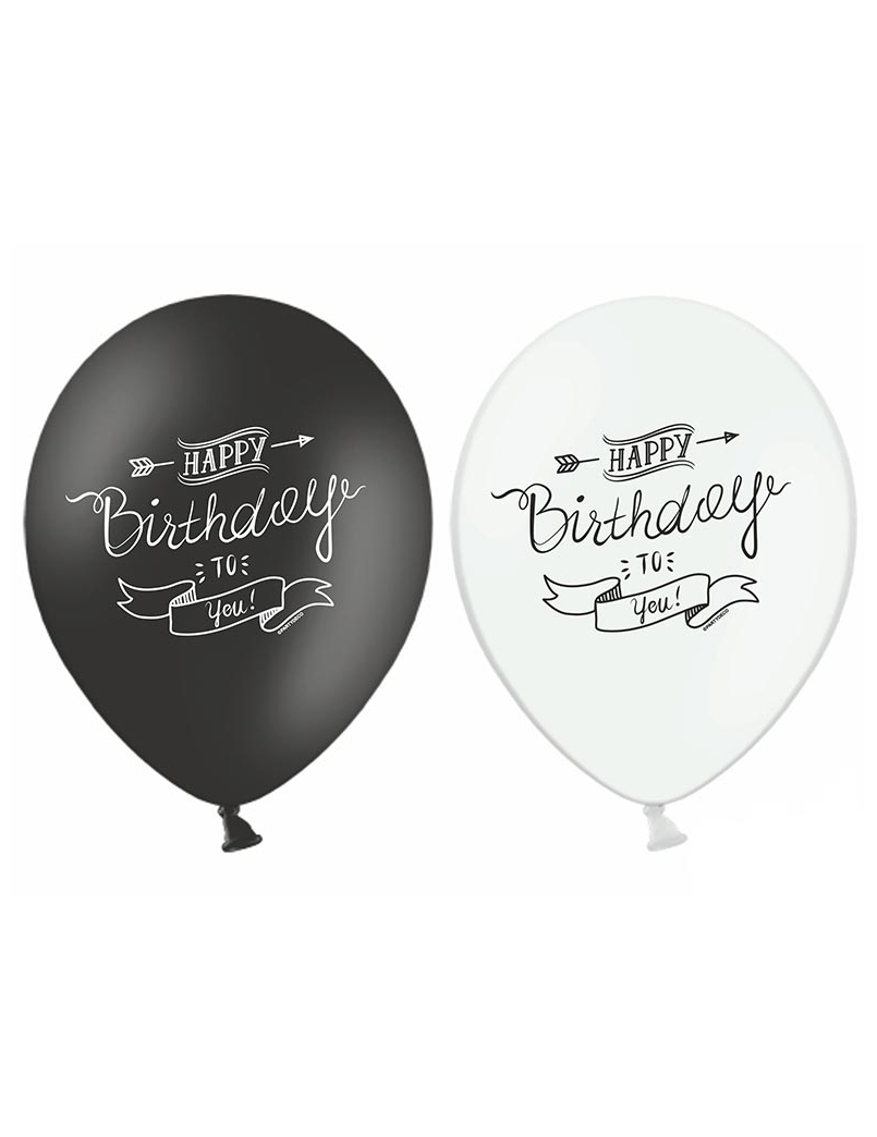 6 Ballons Happy Birthday noir et blanc 30 cm