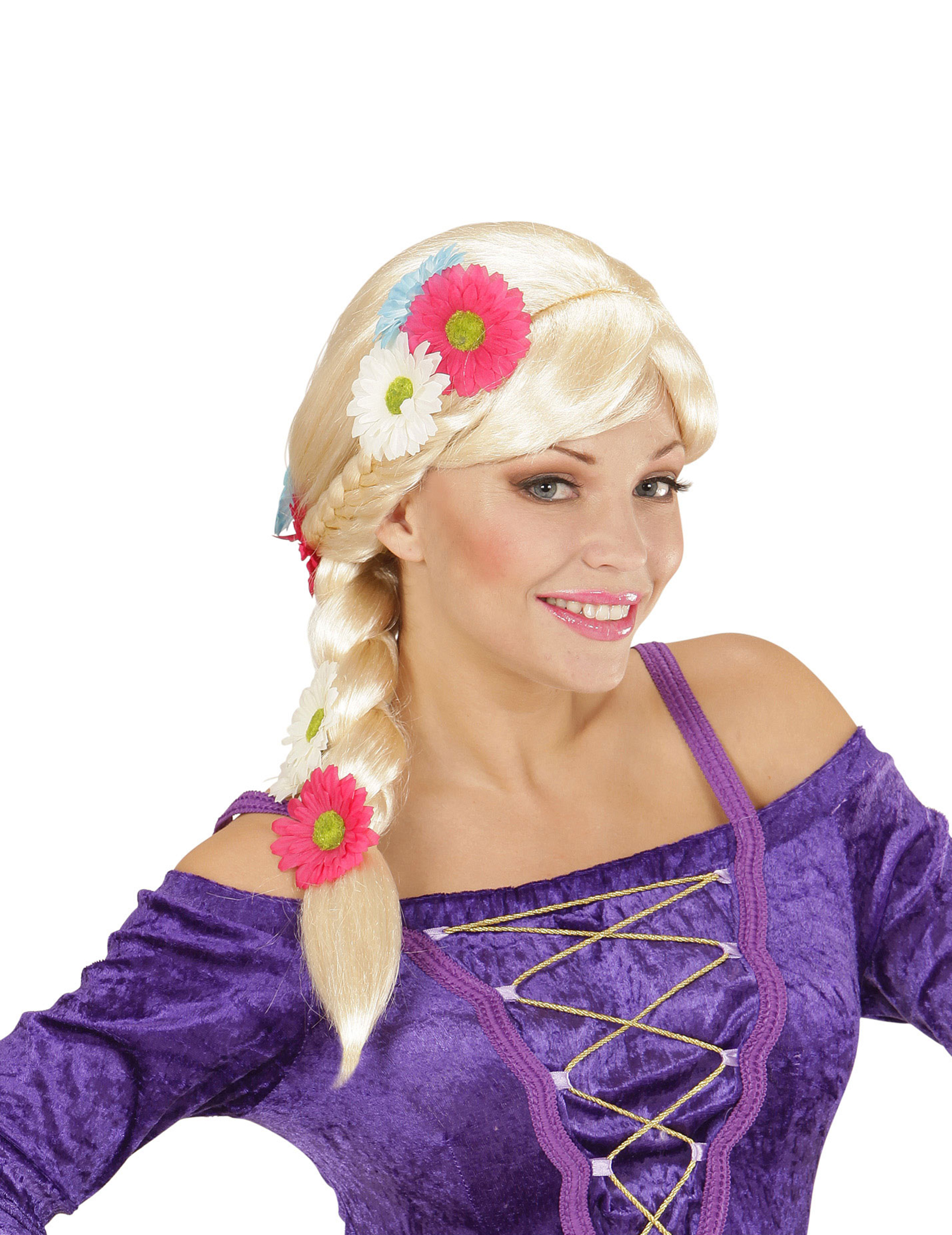 Perruque blonde à tresses avec fleurs femme