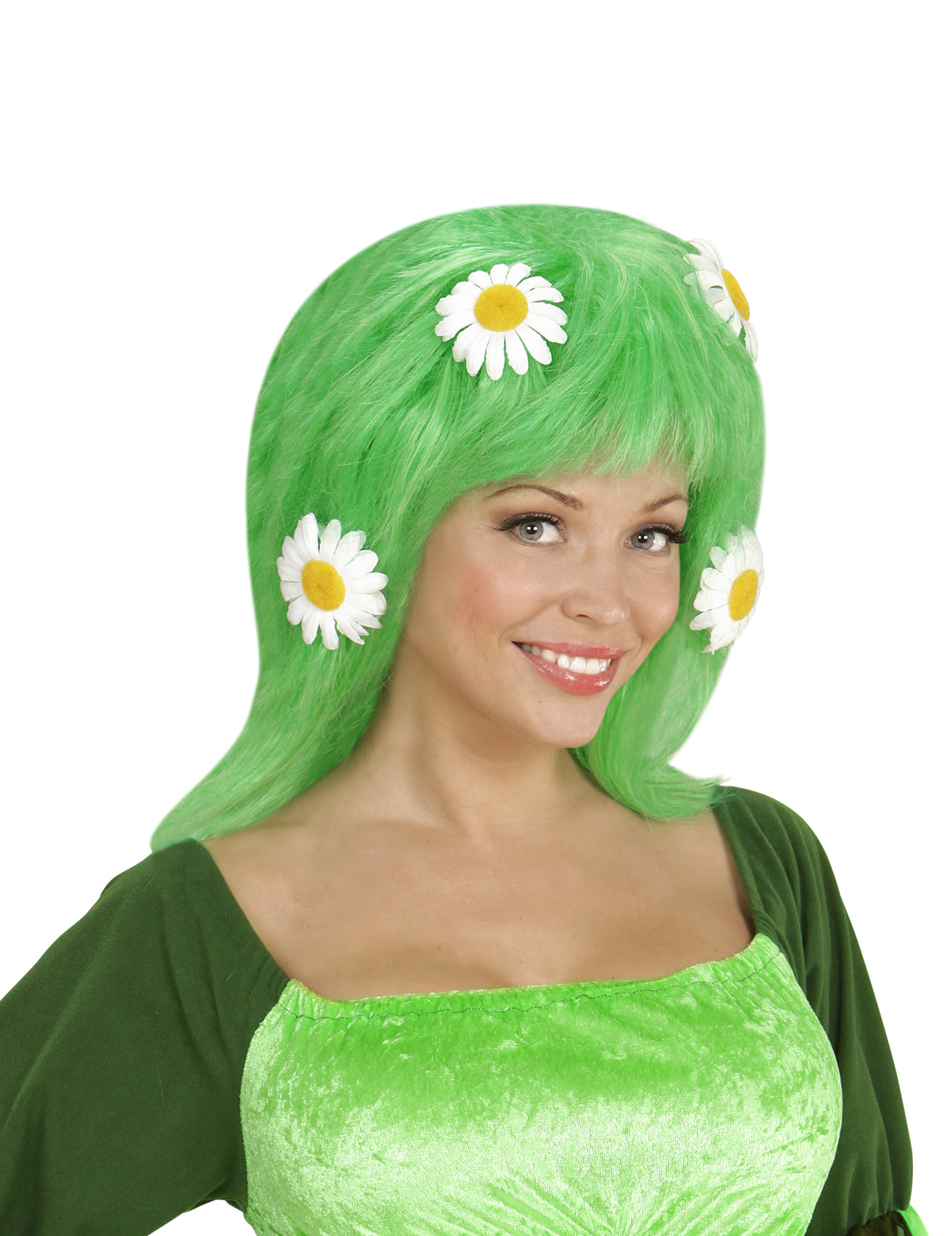 Perruque verte avec marguerites femme