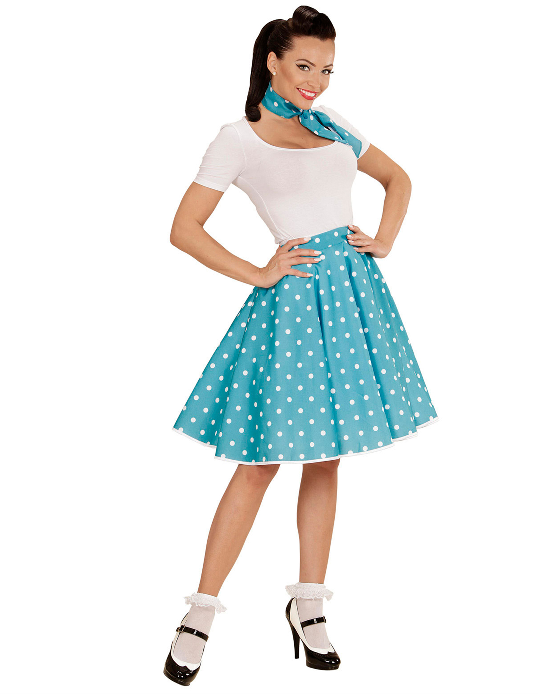 Jupe et foulard turquoise à pois années 50 femme