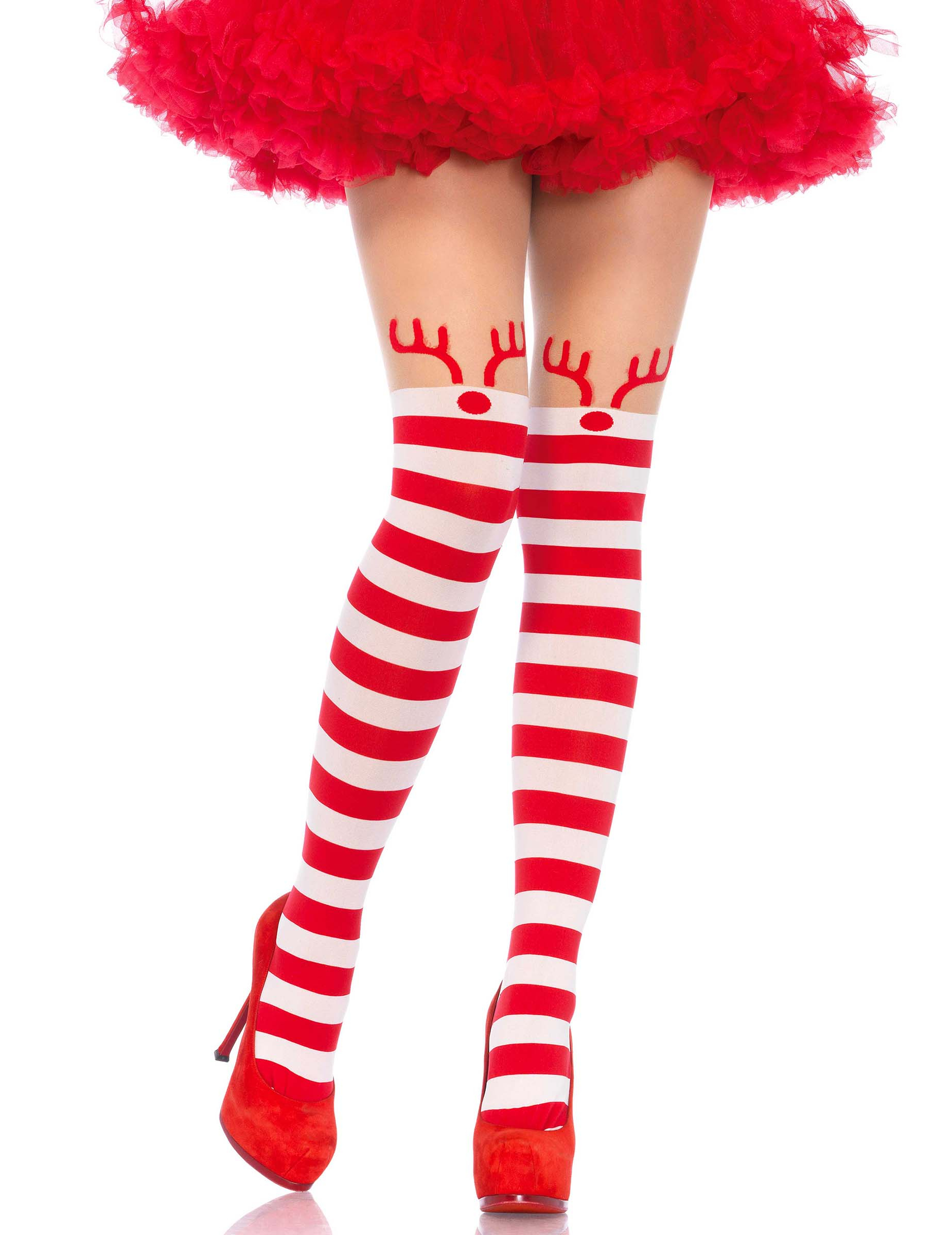 Collants rayés rouge et blancs petit renne femme