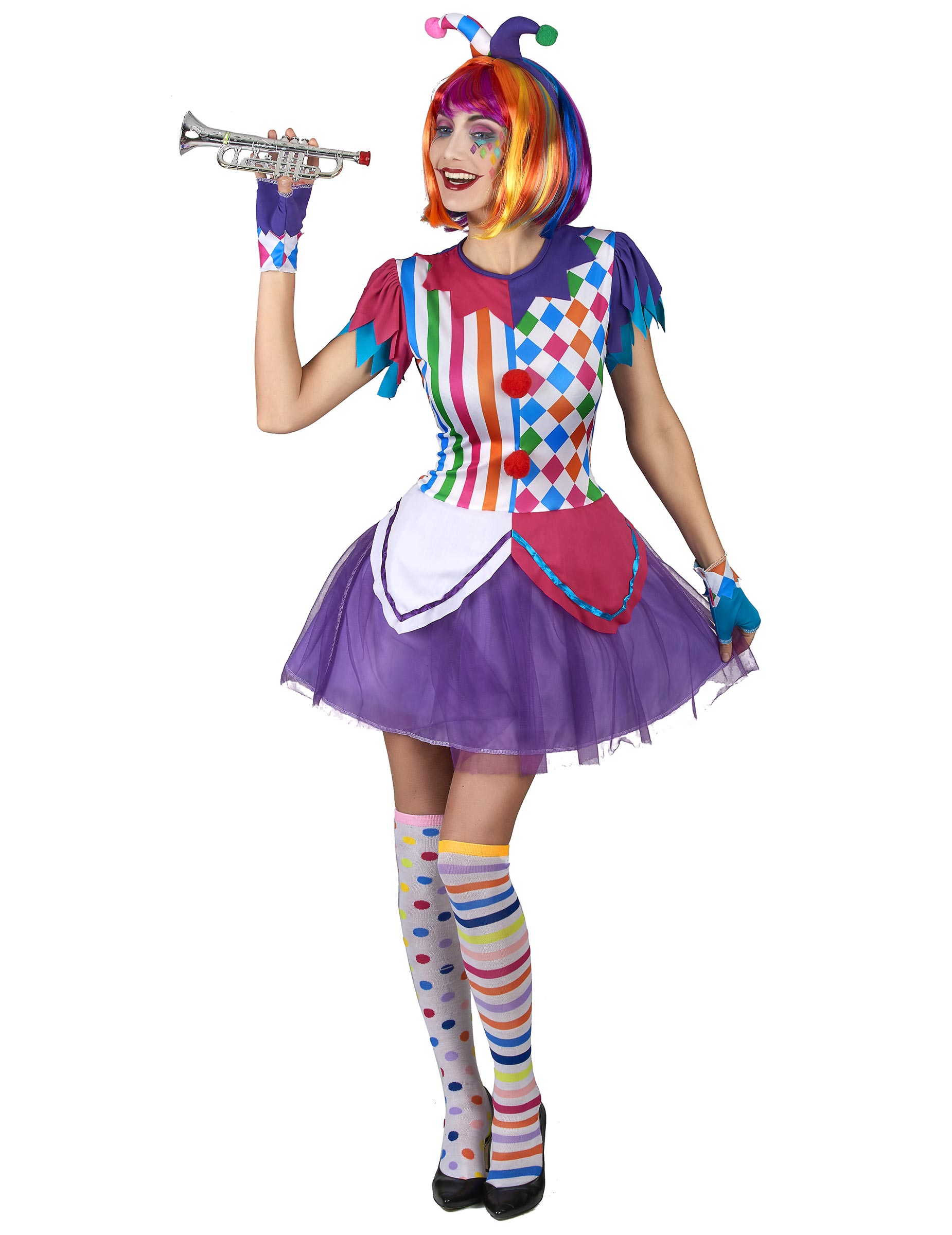 Déguisement arlequin pompons colorés femme