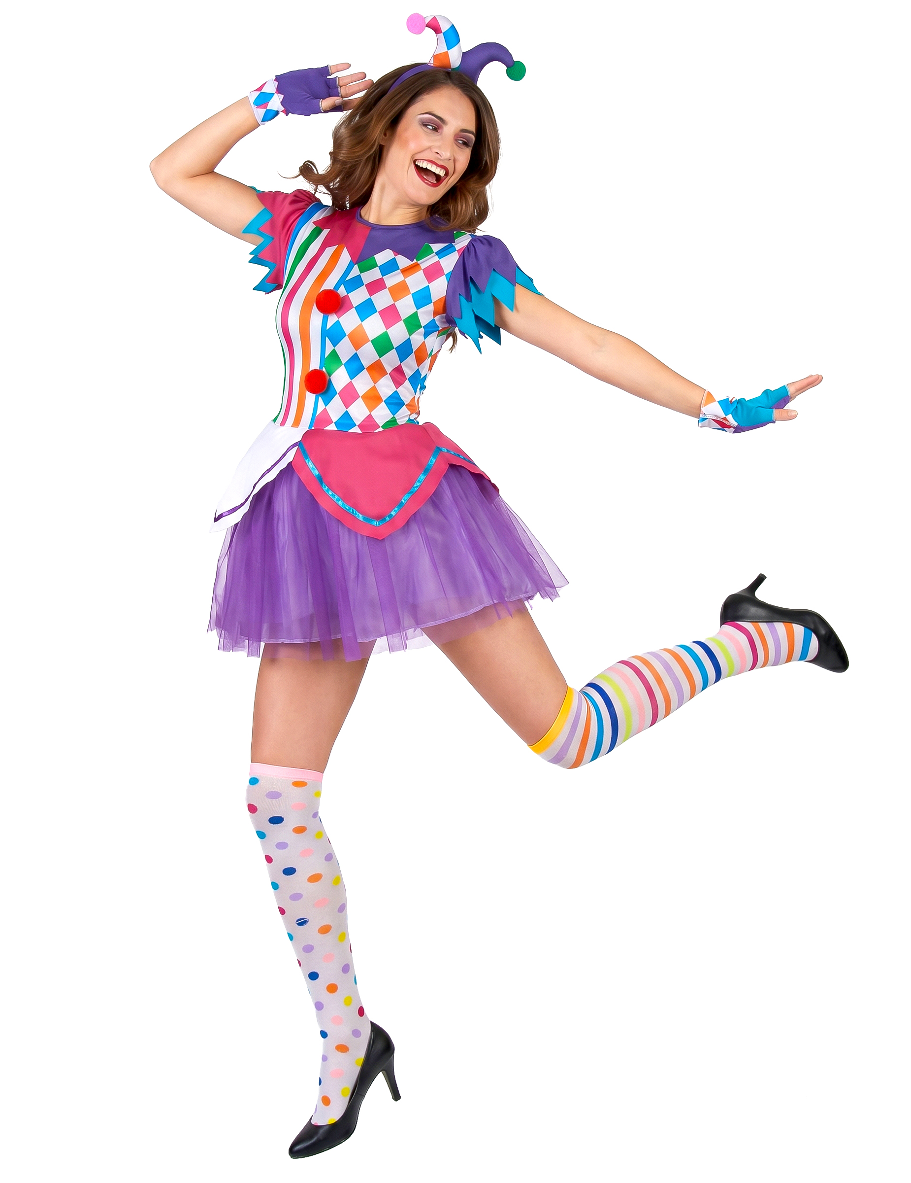 Déguisement arlequin pompons colorés femme