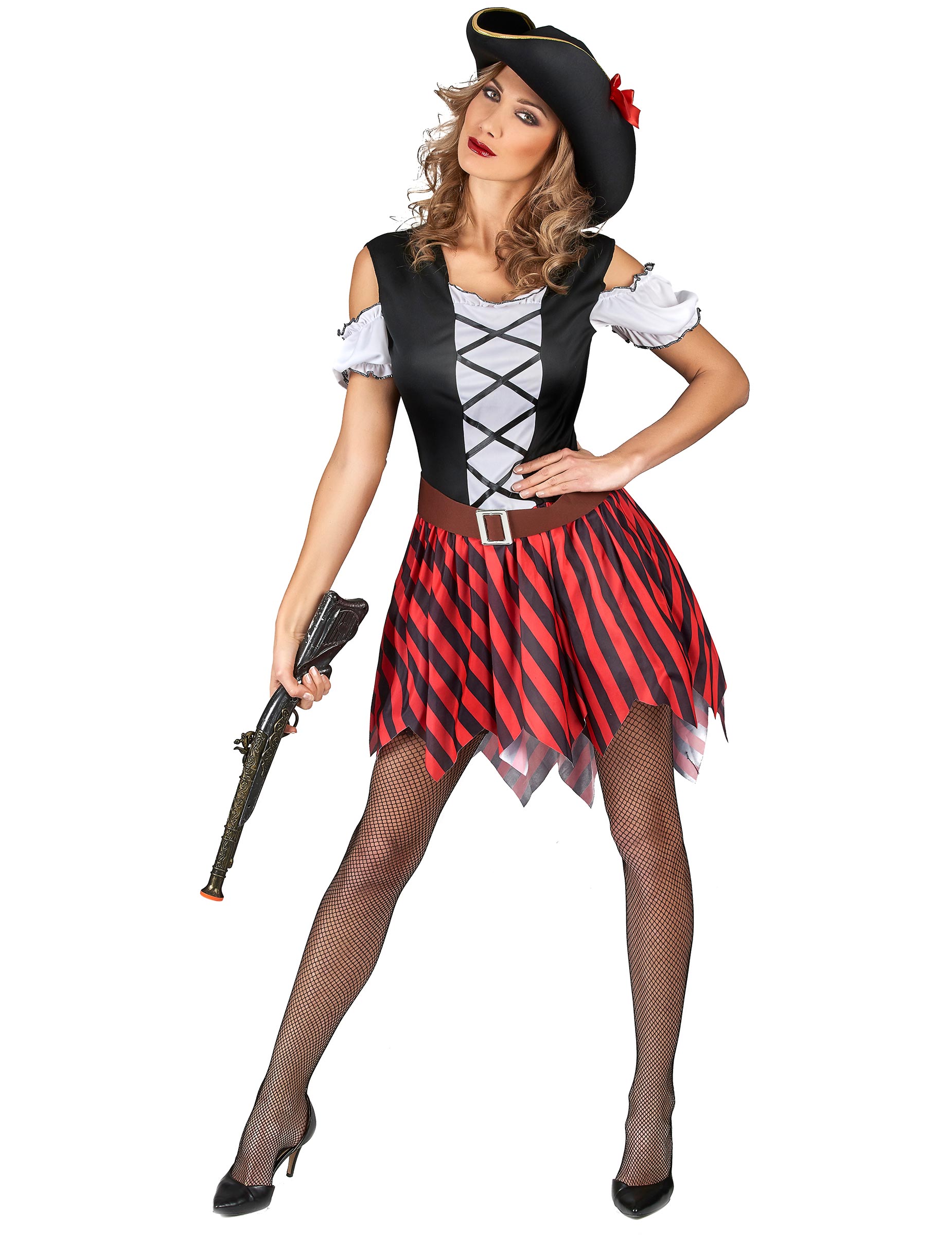 Déguisement Pirate rayures rouges et noires femme