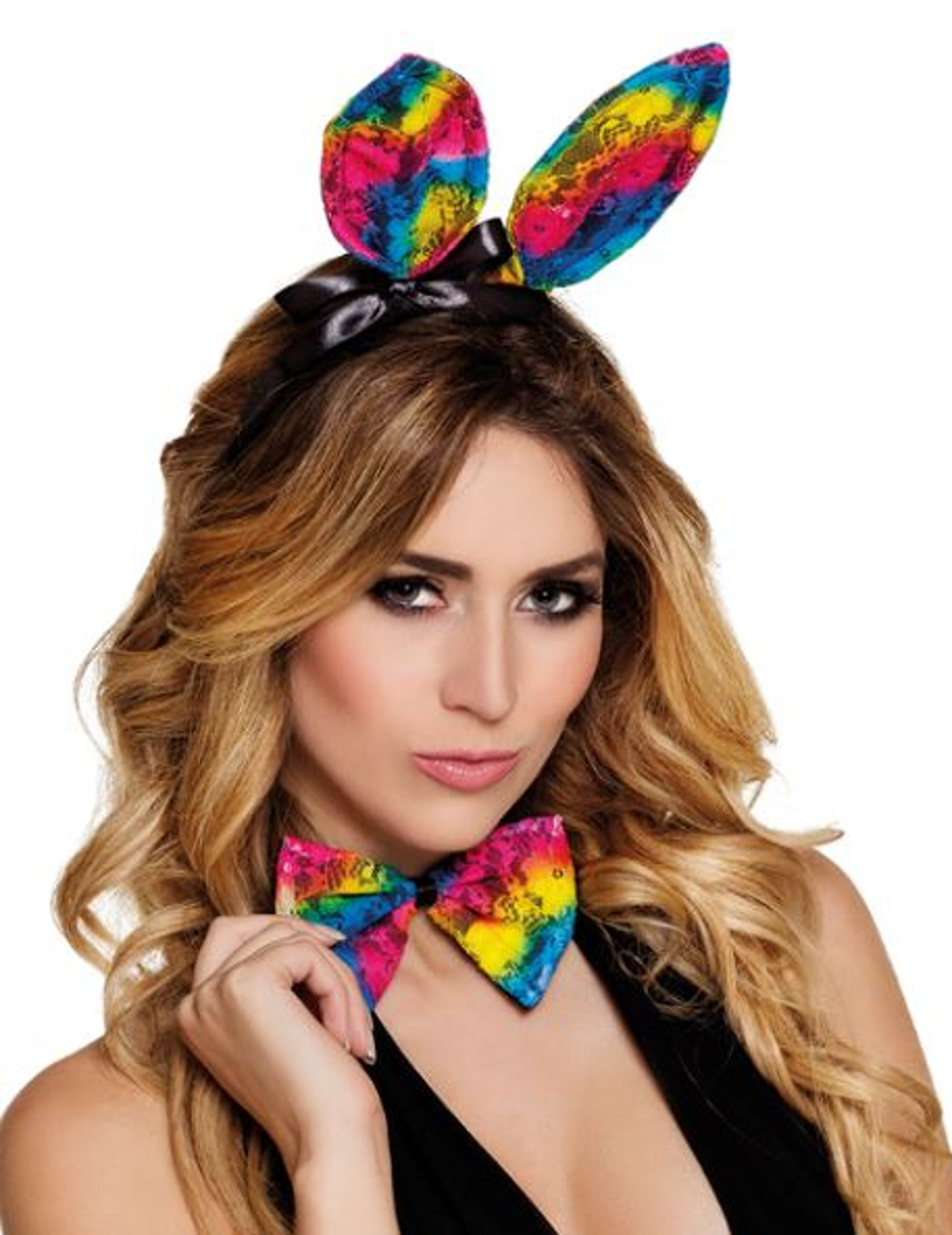 Oreilles et noeud lapin multicolore adulte