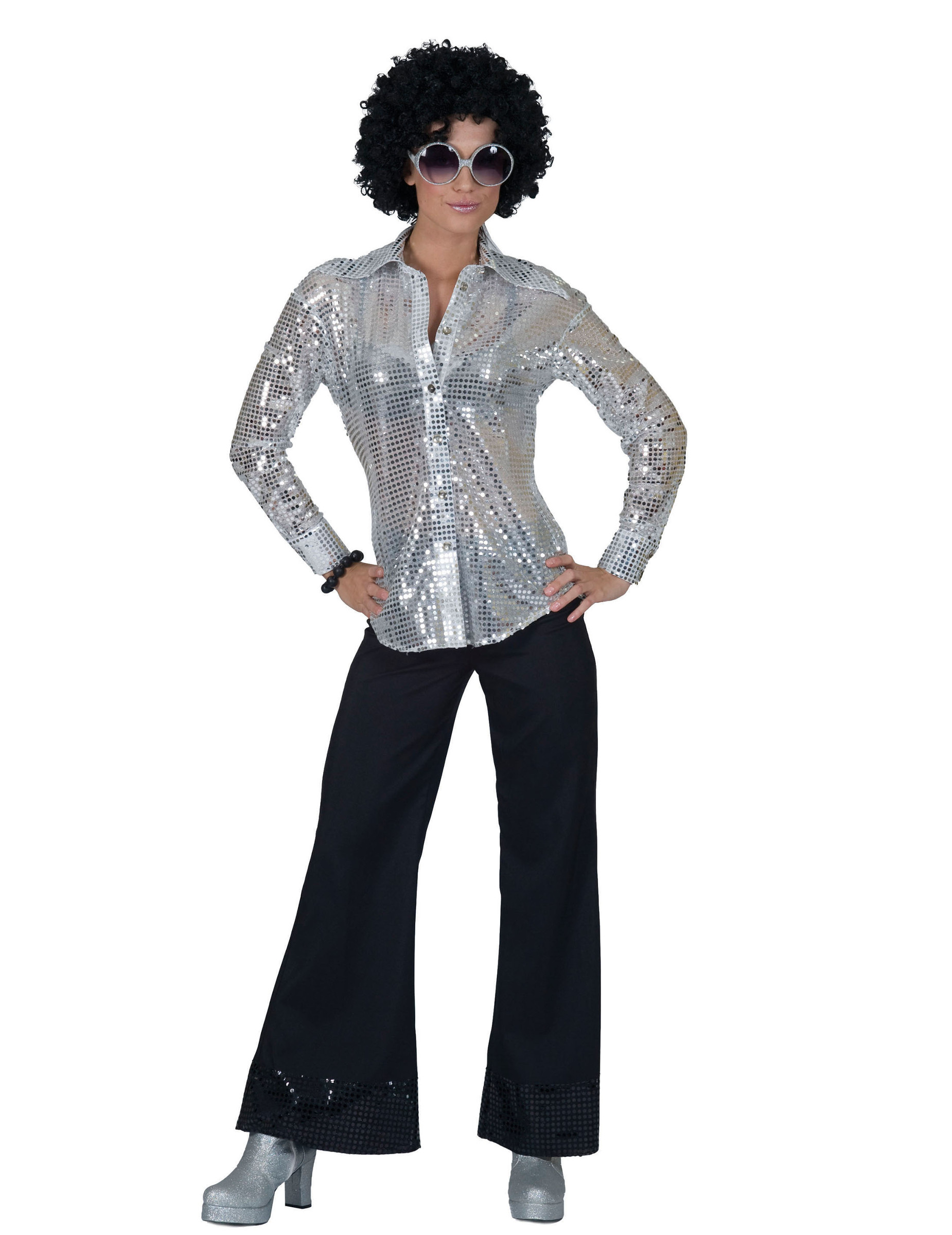 Chemise disco argent avec sequins femme