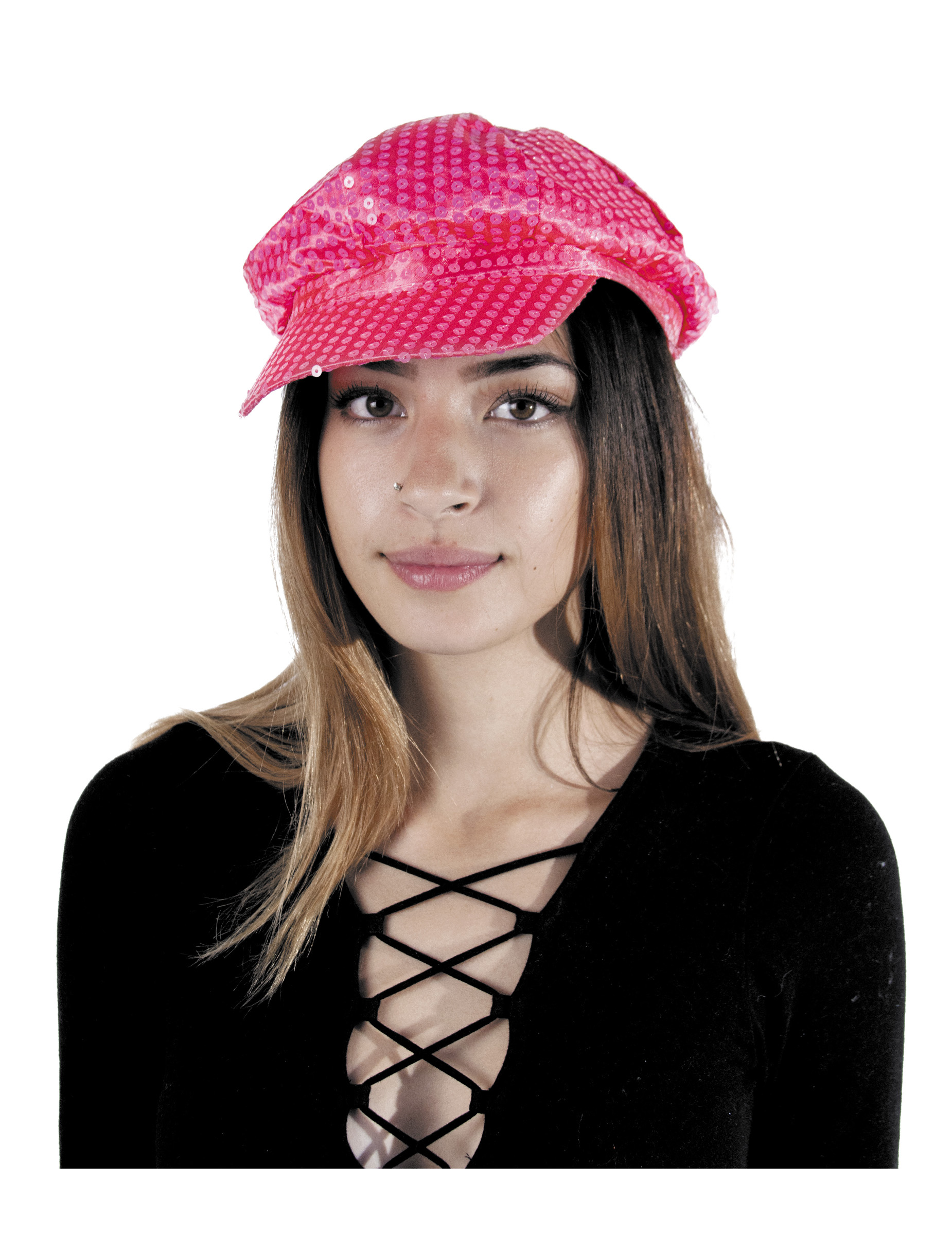 Casquette disco à sequins rose fluo adulte