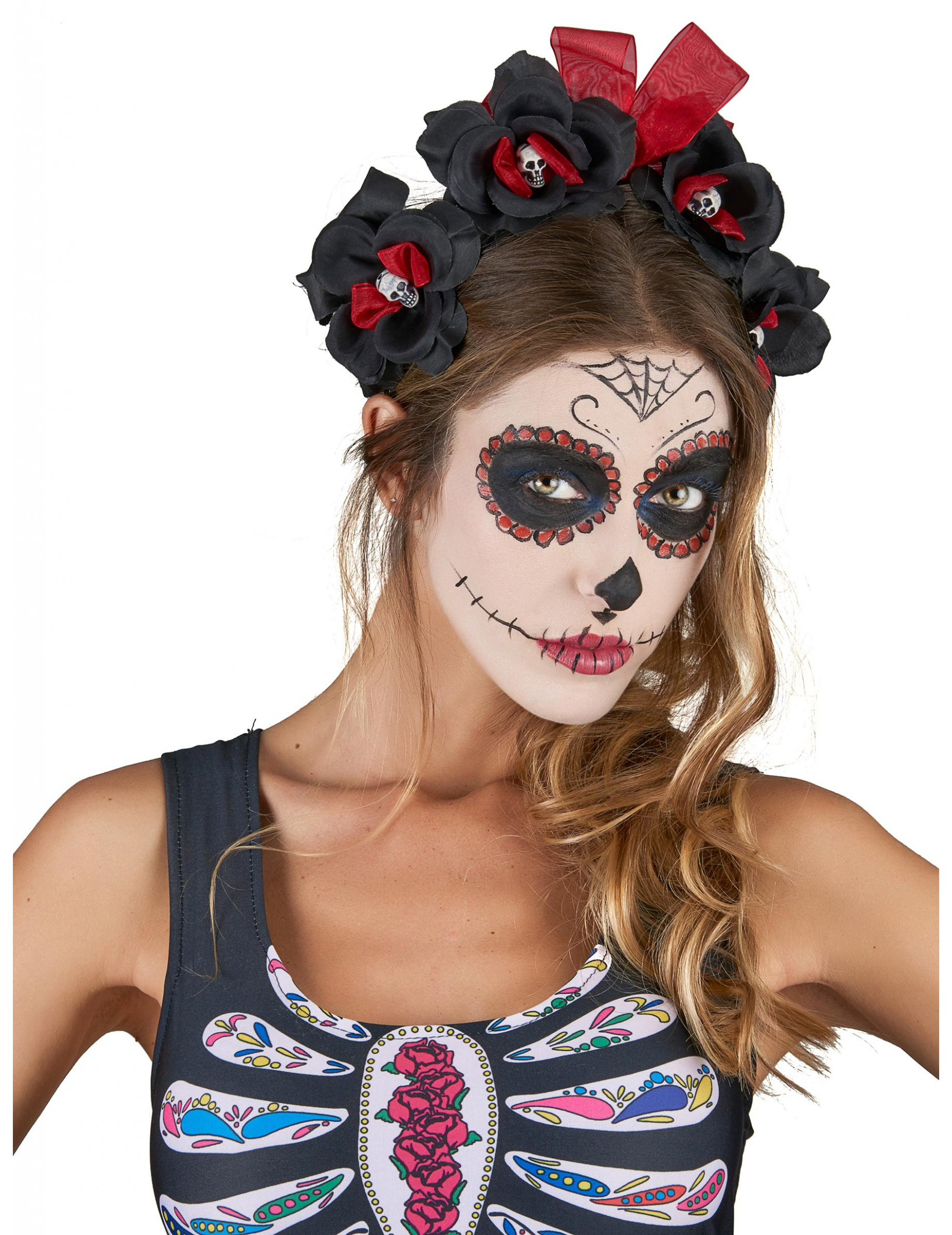 Serre-tête fleurs noir et rouge Dia De Los Muertos adult