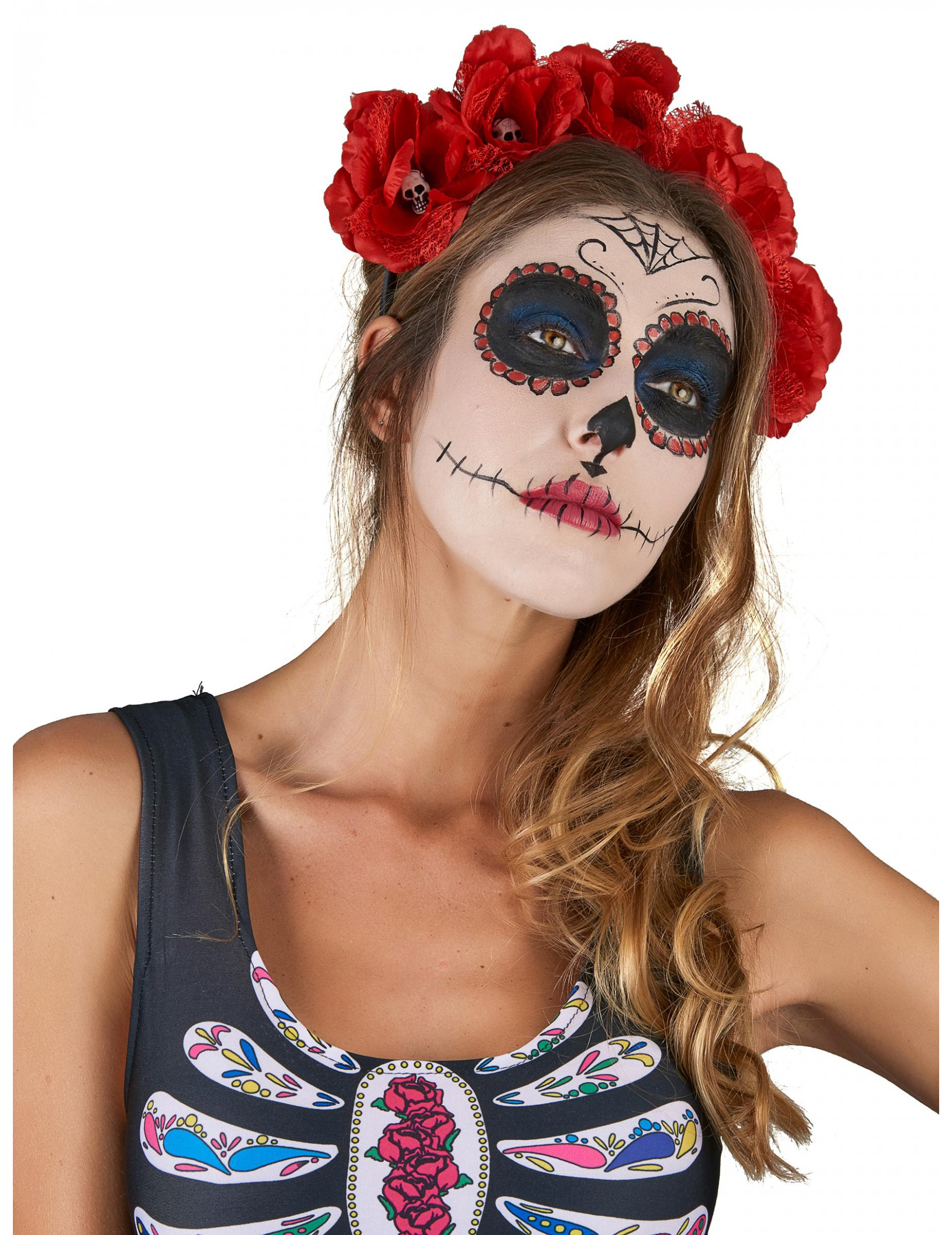 Serre-tête fleurs rouge Dia De Los Muertos adulte
