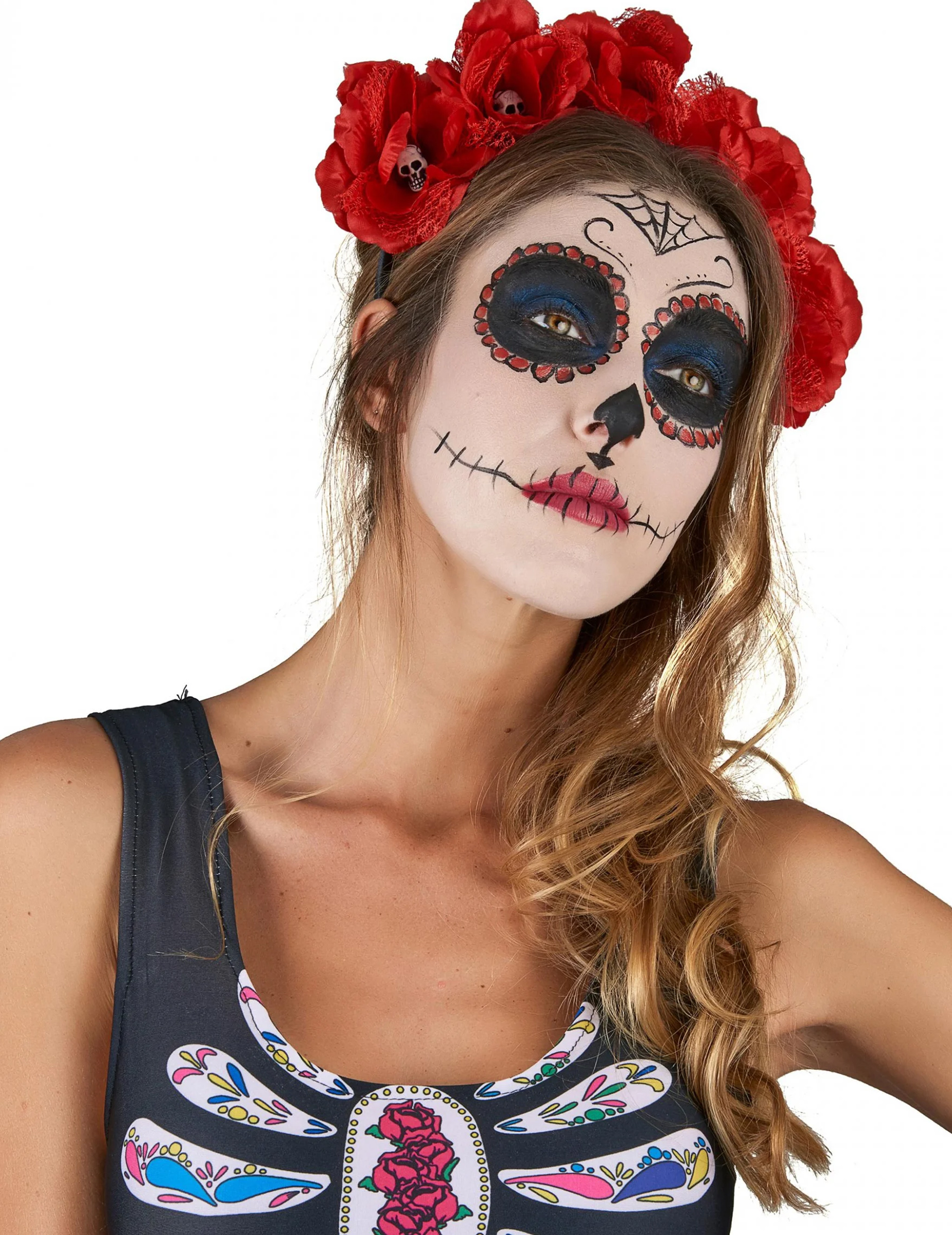 Serre-tête fleurs rouge Dia De Los Muertos adulte