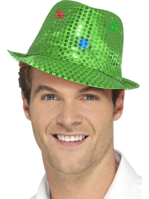 Chapeau borsalino vert à sequins avec LED adulte