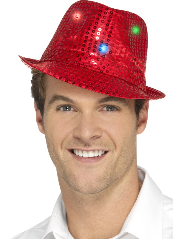 Chapeau borsalino rouge à sequins avec LED adulte