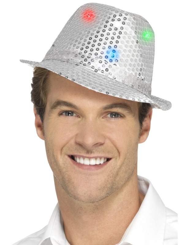 Chapeau borsalino argent à sequins avec LED adulte