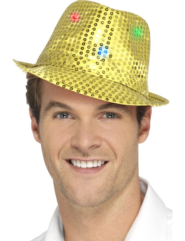 Chapeau borsalino doré à sequins avec LED adulte