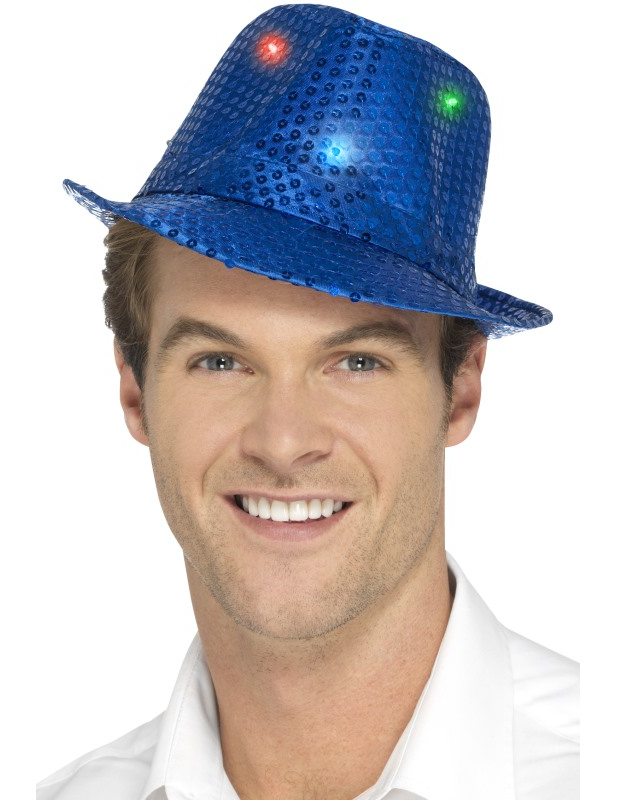 Chapeau borsalino bleu à sequins avec LED adulte
