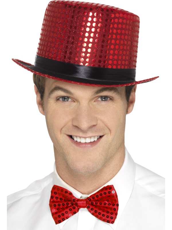 Chapeau haut de forme à sequins rouge avec ruban noir adulte
