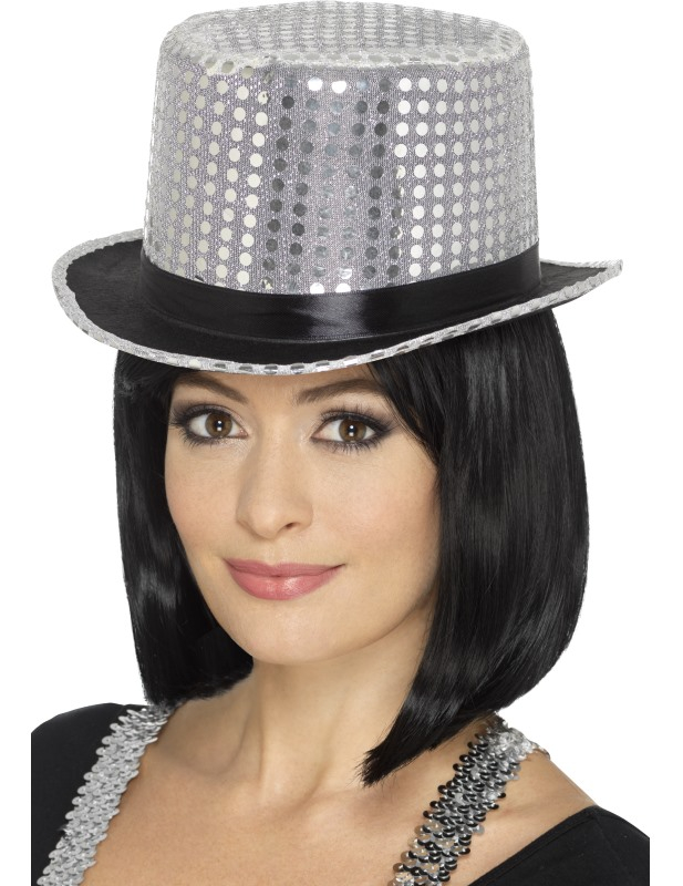 Chapeau haut de forme à sequins argent avec ruban noir adulte