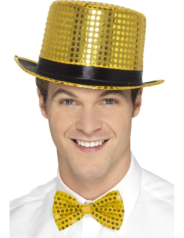 Chapeau haut de forme à sequins doré avec ruban noir adulte
