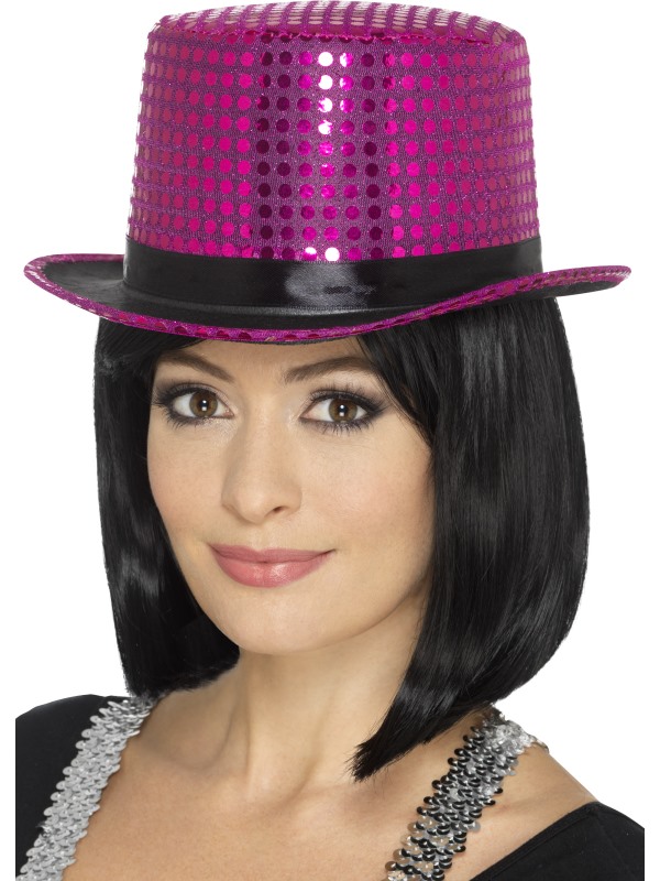 Chapeau haut de forme à sequins rose avec ruban noir adulte