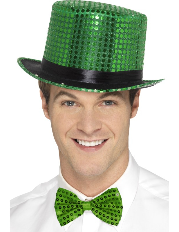 Chapeau haut de forme à sequins vert avec ruban noir adulte