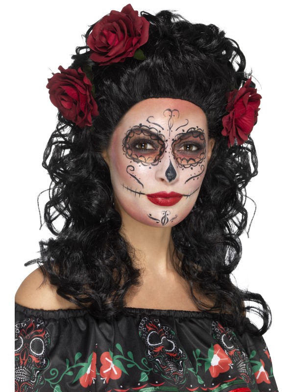 Perruque longue noire avec roses rouges femme Dia de los muertos