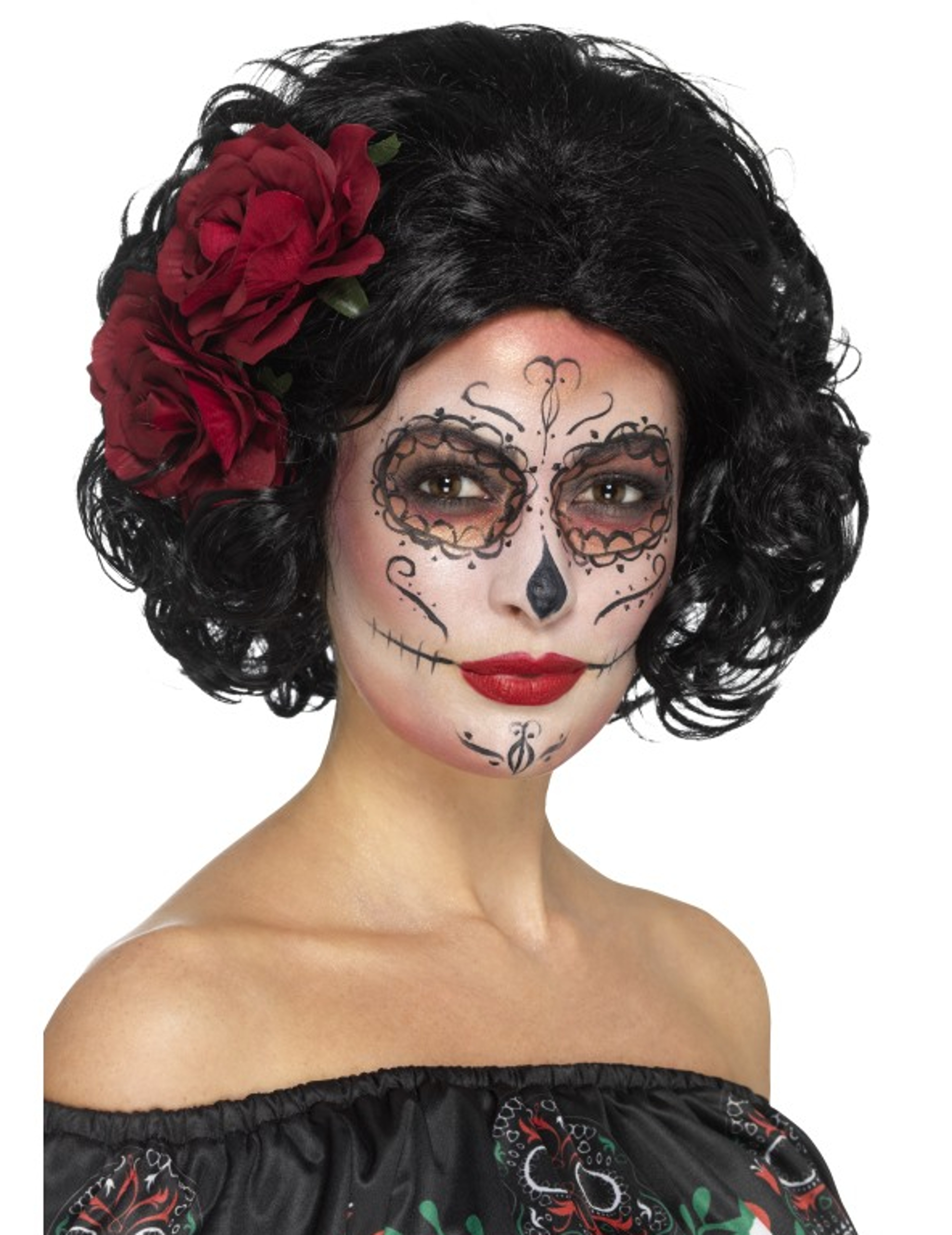 Perruque courte noire avec roses rouges femme Dia de los muertos