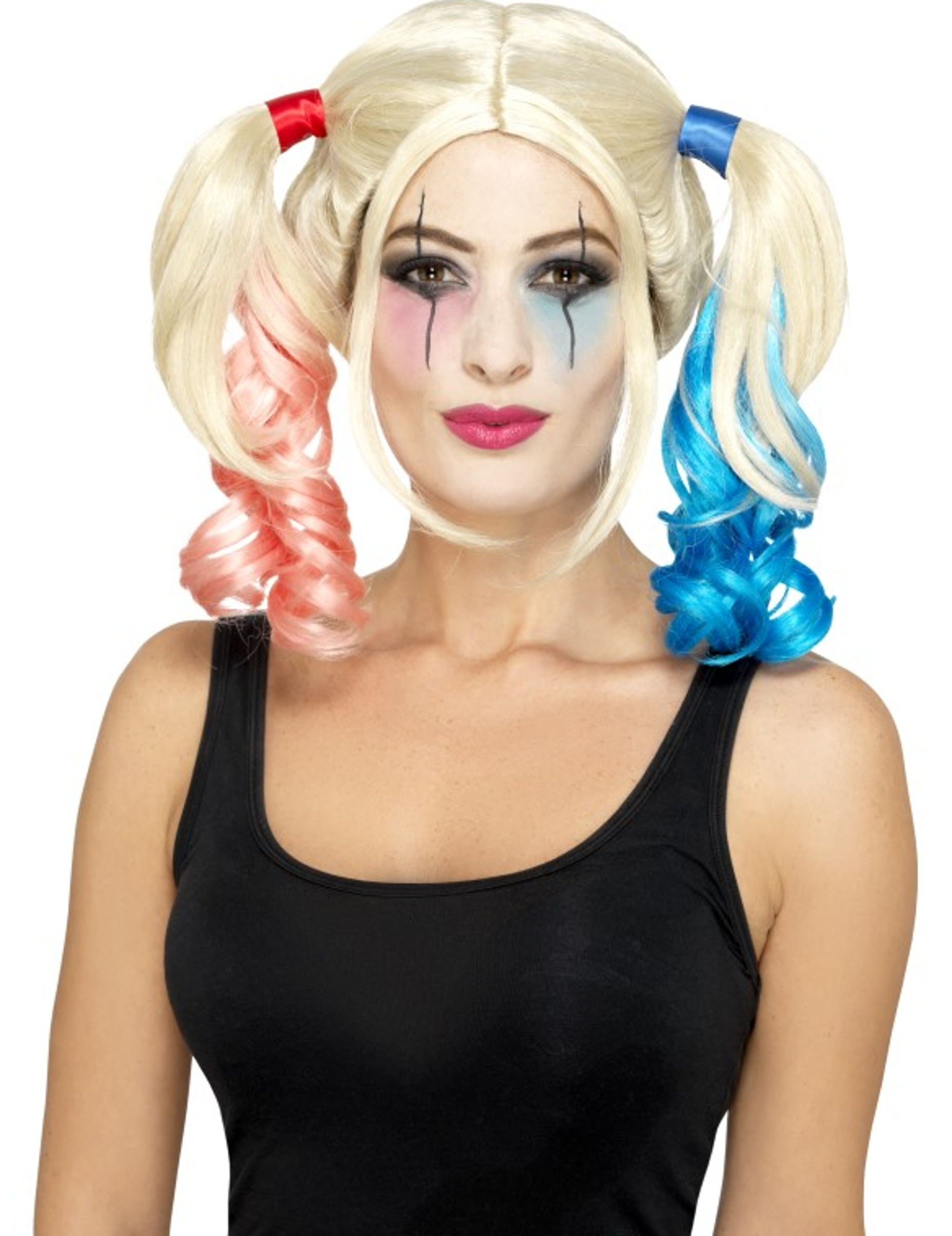Perruque arlequin fou blonde à couettes femme