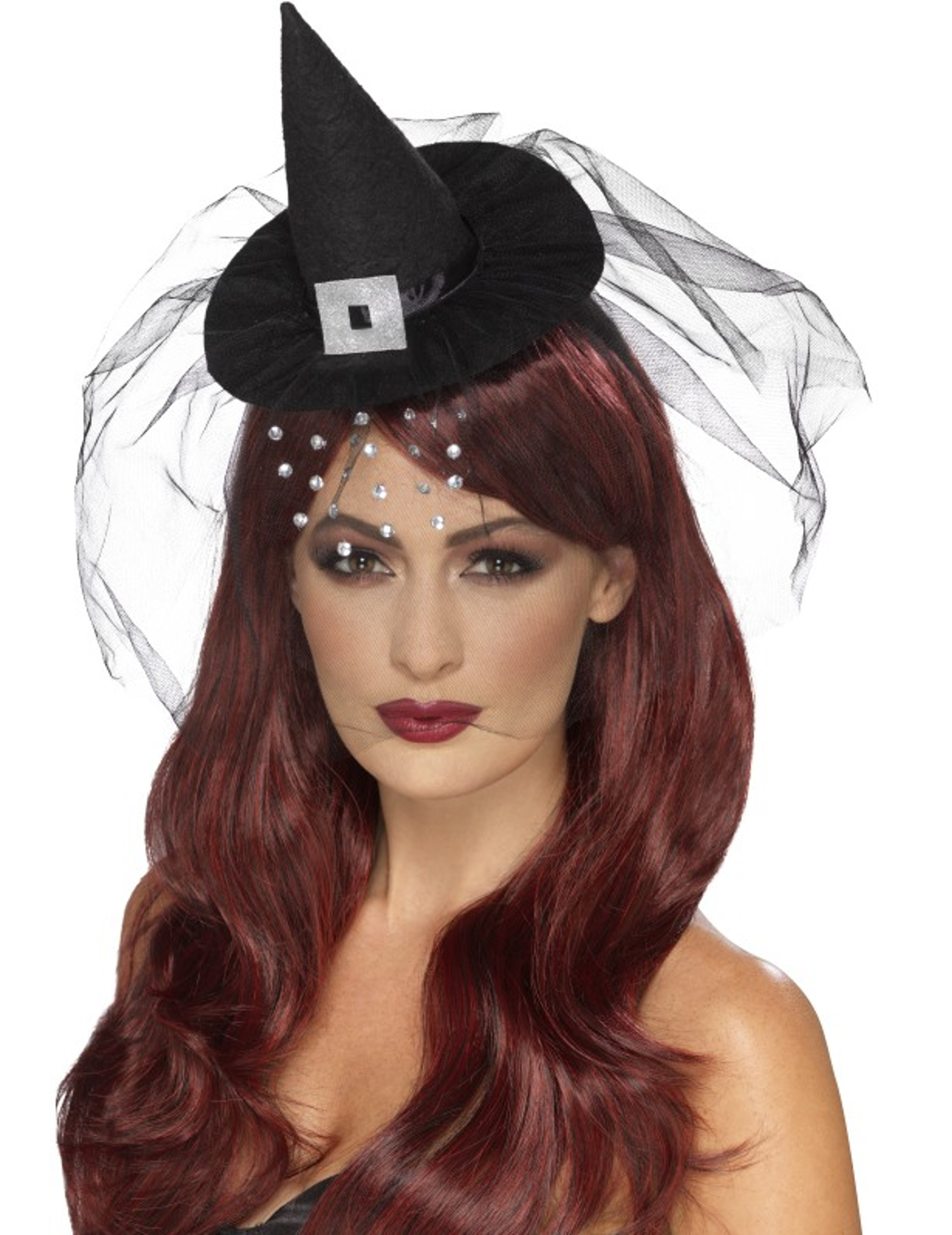 Chapeau sorcière avec voile et strass adulte Halloween