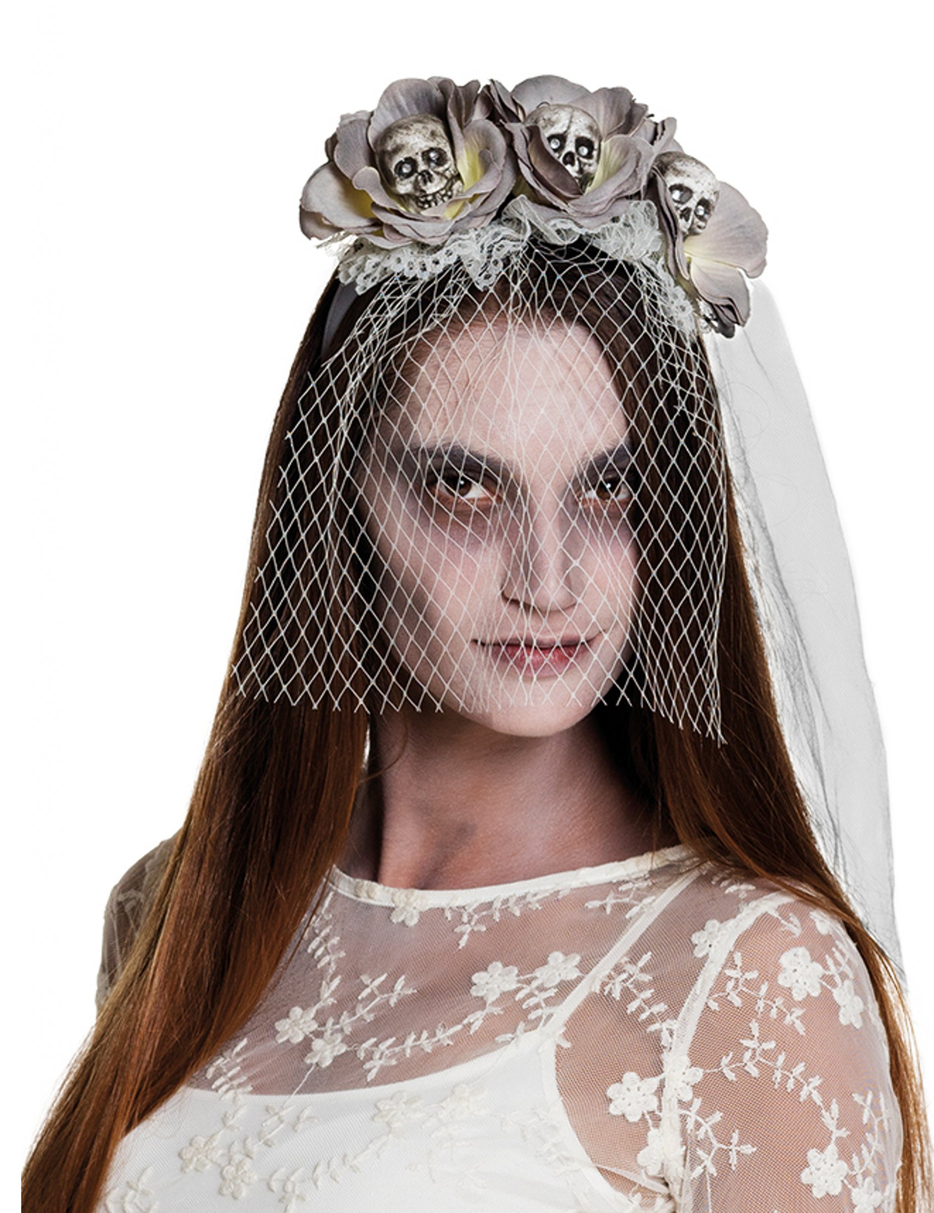 Serre-tête avec voile zombie blanc femme Halloween