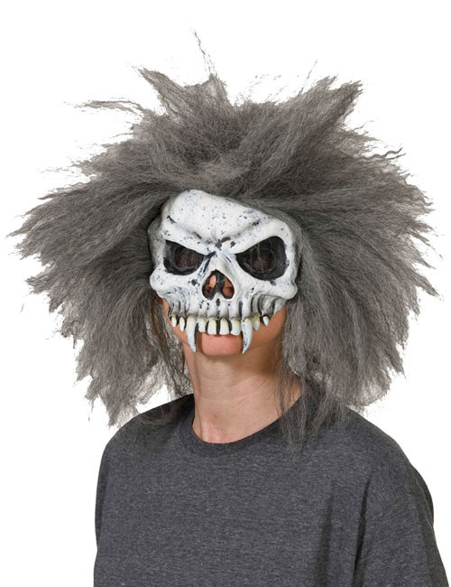 Masque crâne de squelette avec cheveux gris-blanc