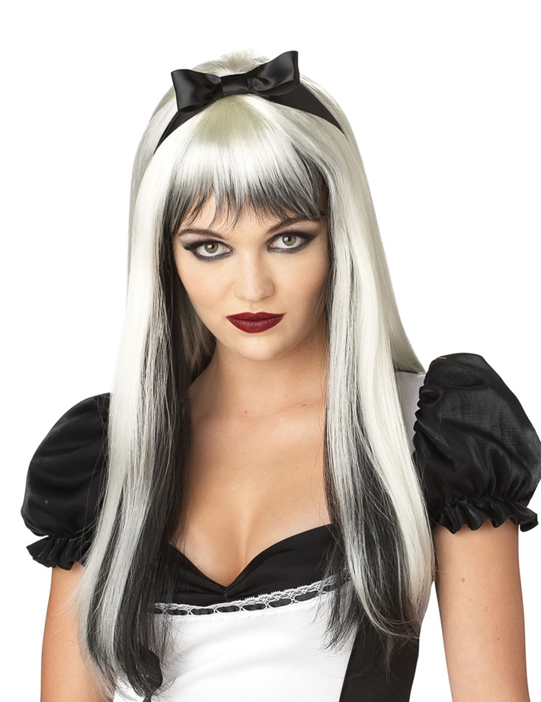 Perruque blanche et noire aux cheveux longs avec mèches adulte