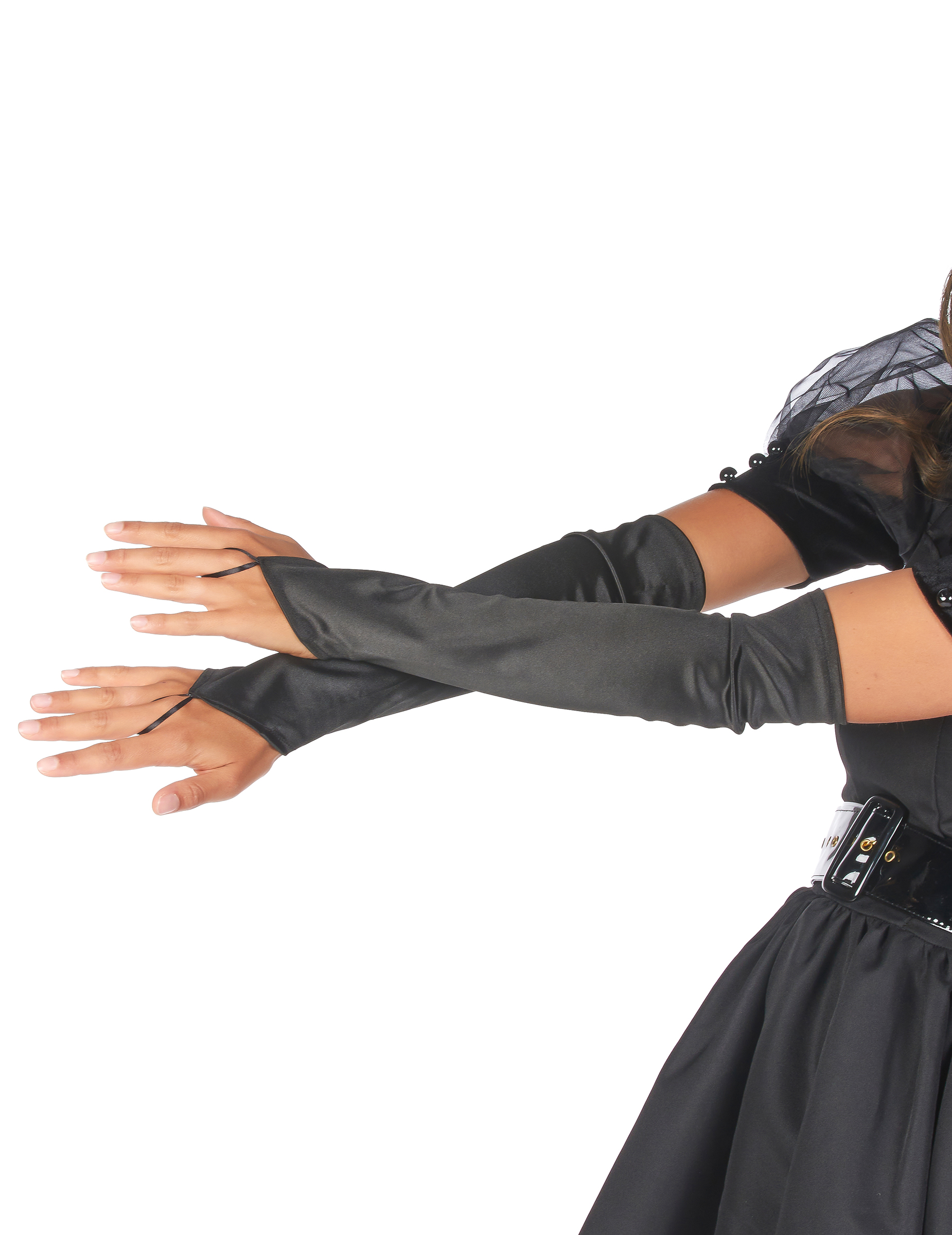 Gants longs satinés noirs sans doigts adulte