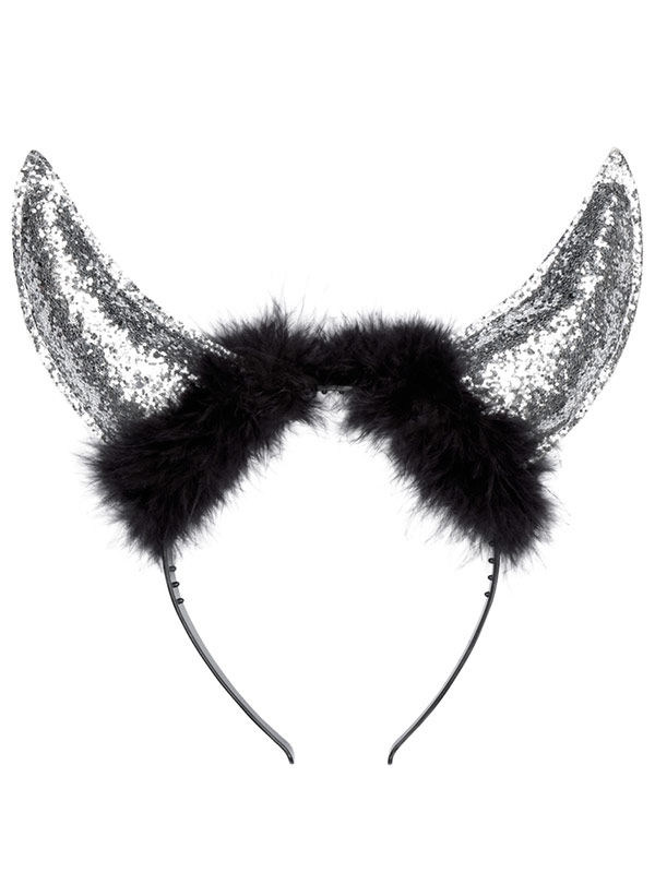 Cornes diablesse argent paillettés avec fourrure noire femme Halloween