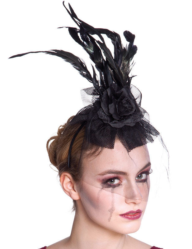 Coiffe noire avec plumes et voile femme