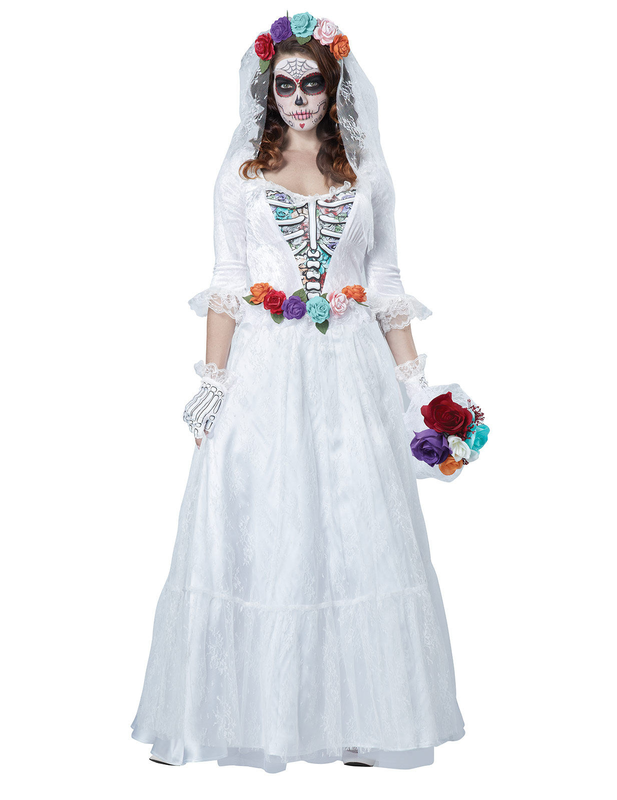 Déguisement d'Halloween squelette de mariée blanc-multicolore
