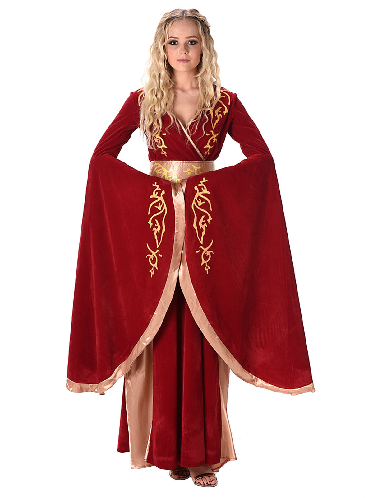 Déguisement reine médiévale rouge et or femme