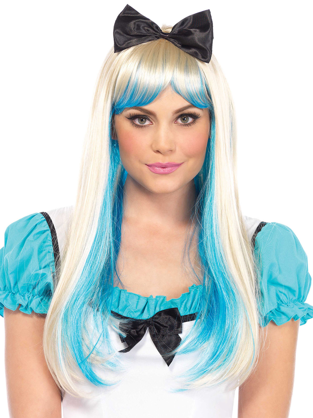 Perruque luxe princesse blonde et bleue avec noeud femme