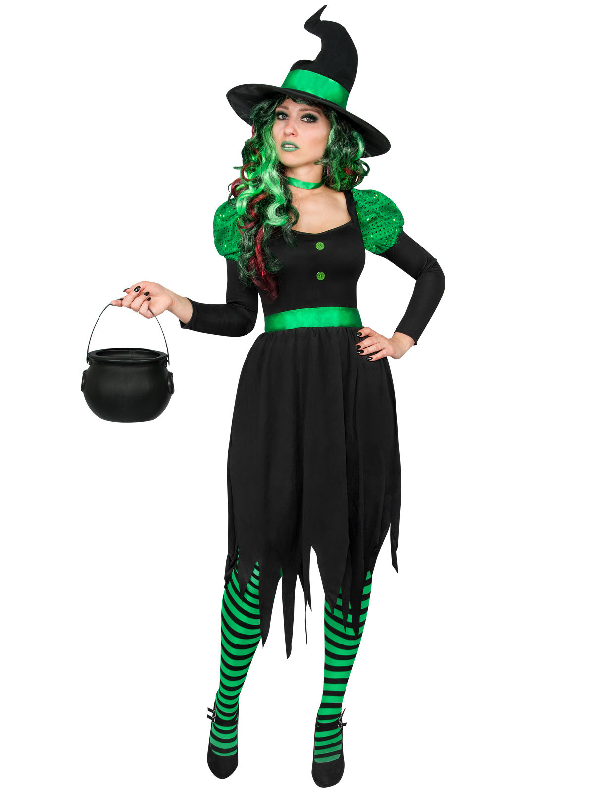 Déguisement sorcière verte et noire femme Halloween