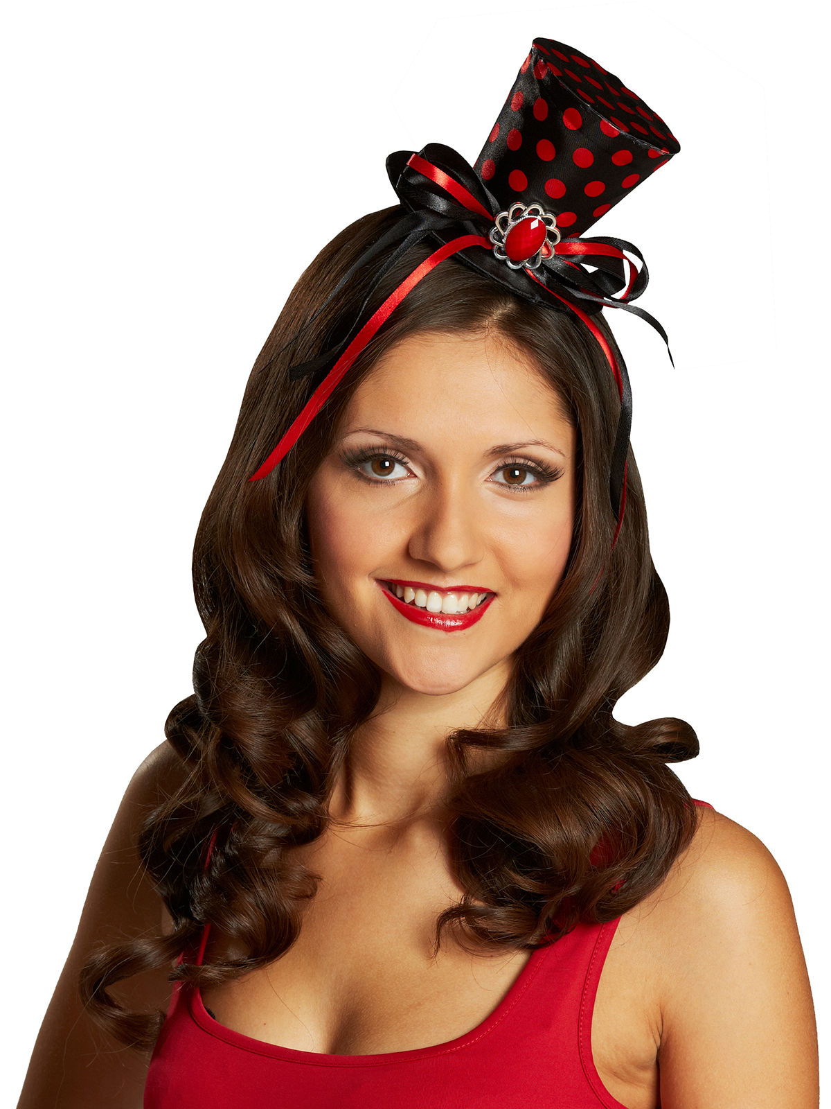 Mini haut de forme gothique avec broche et rubans noirs et rouges