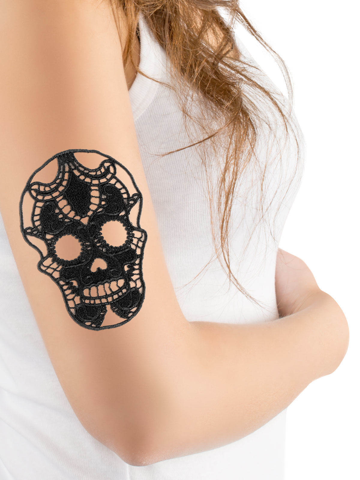 Tatouage en dentelle crâne noir Halloween
