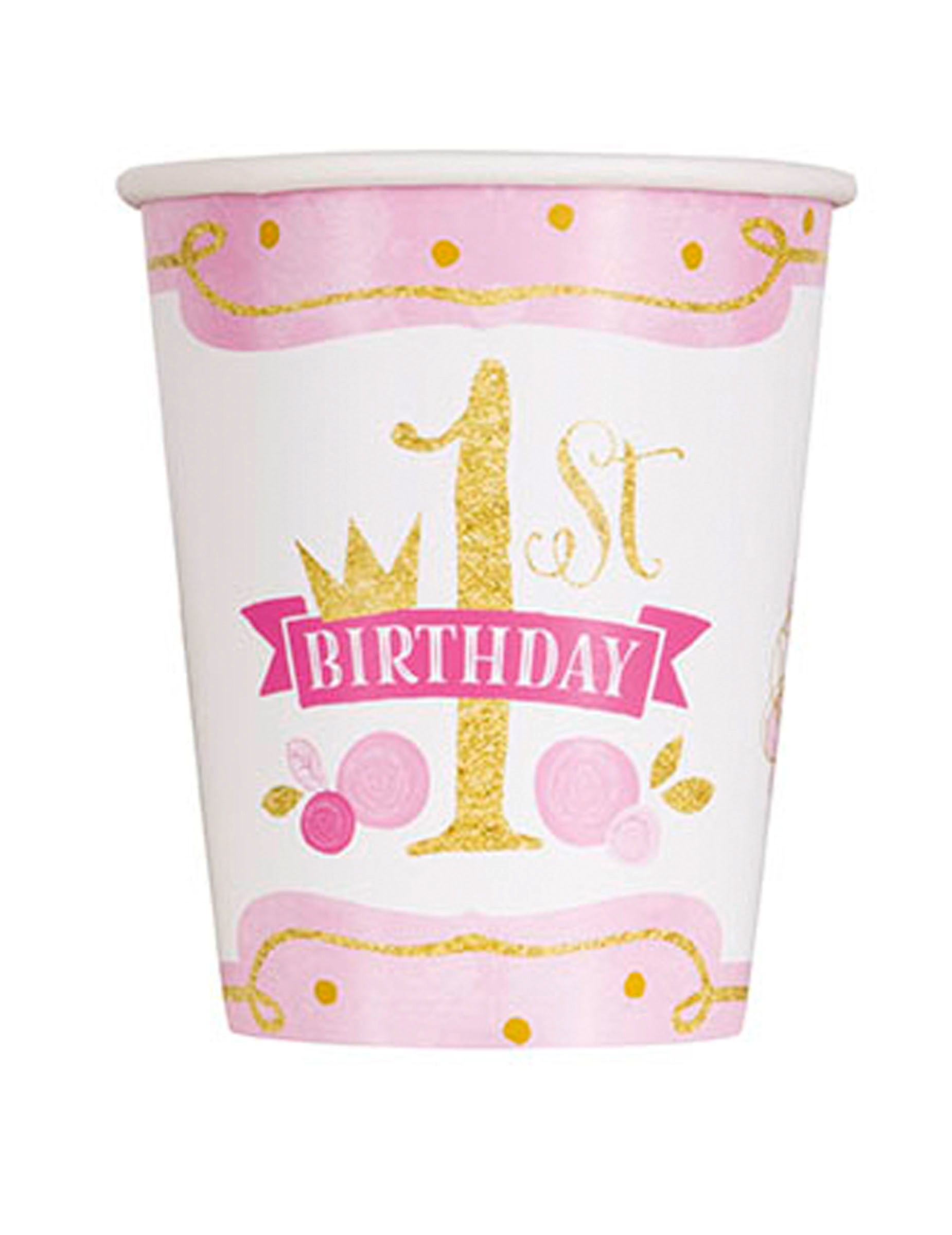 8 Gobelets en carton 1 an rose et or 270 ml