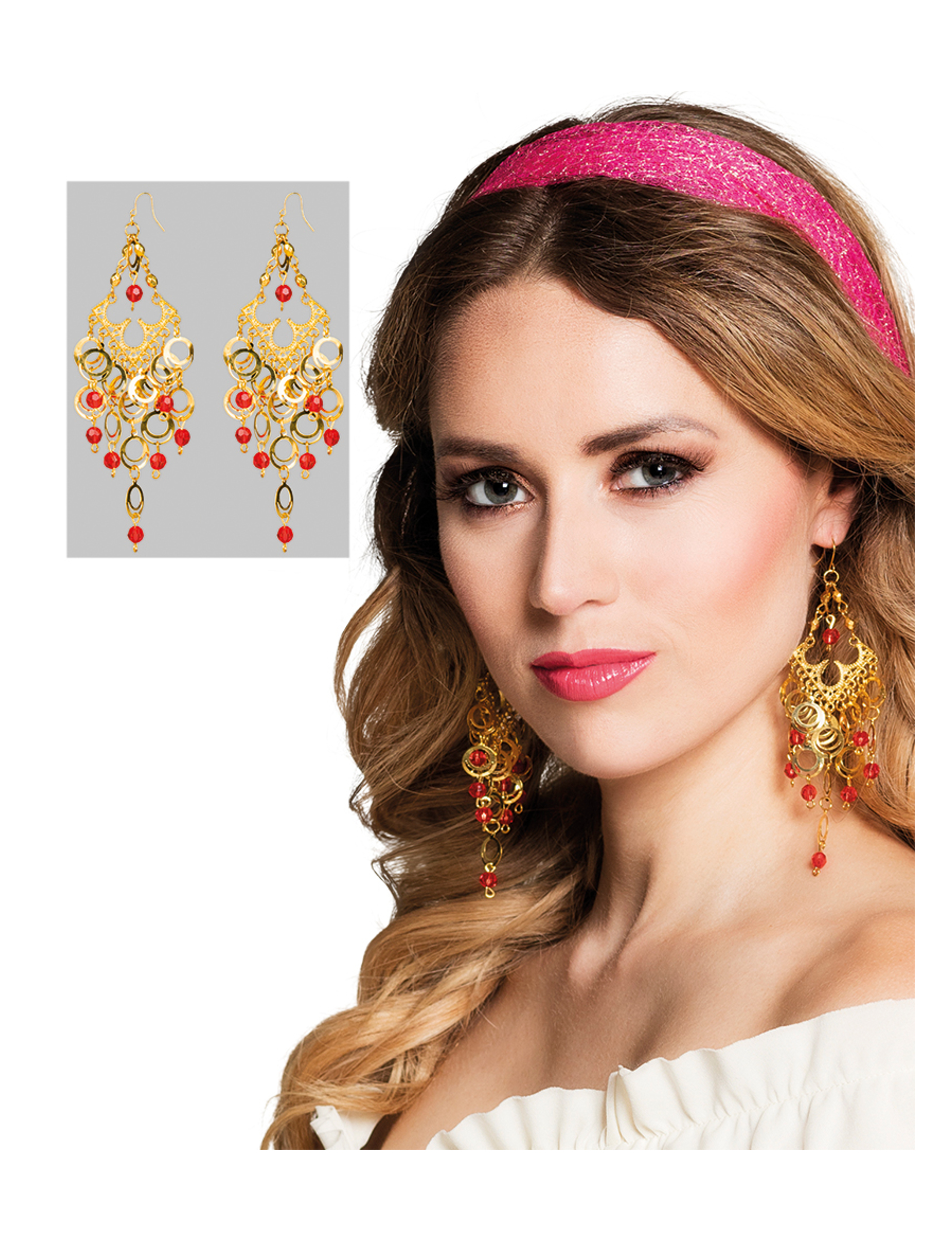 Boucles d'oreilles danseuse orientale dorées et rouges femme